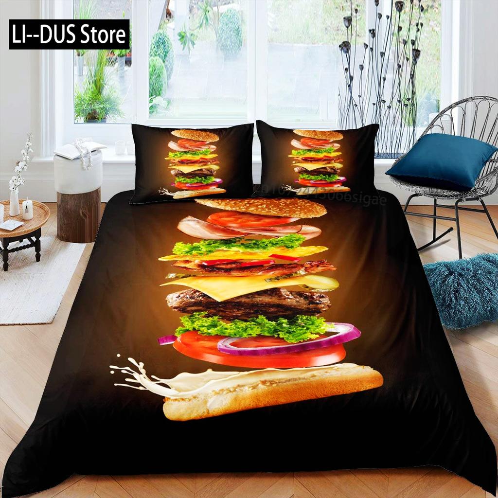 Hamburger Duvet Cover Set Meat Cheese Comforter Cover Fast Food Theme Bedding Set Cartoon Hamburg Pattern Quilt Cover For Kids