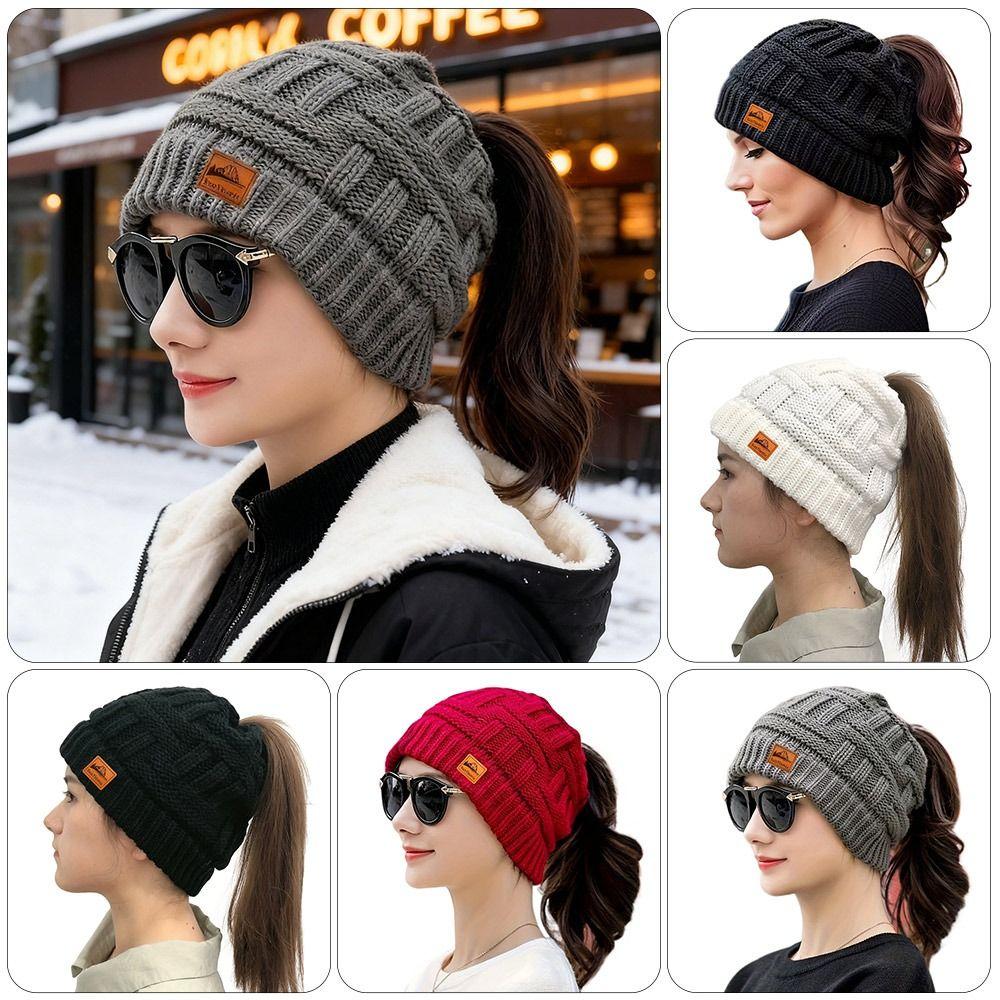 Fashion Crochet Ponytail Winter Hats Knitted Solid Color Beanies Hat Warm Ear Protection Skullies Autumn