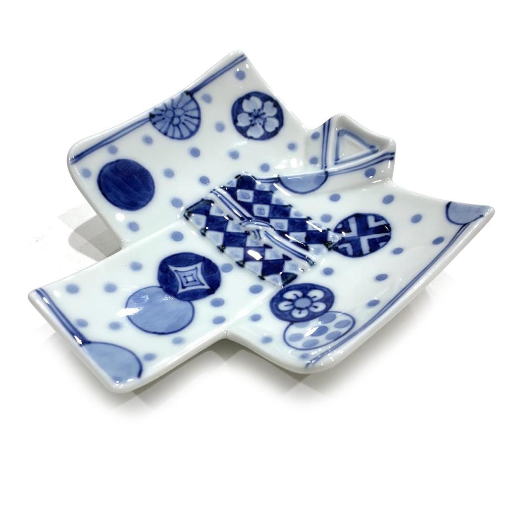 24to3 Kimono-Shaped Plate, Hand-Painted with Circle and Polka Dots, Individual Kimono Plate, Blue