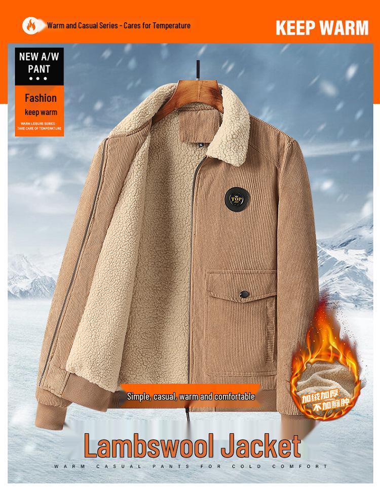 Winter 2025 Men's Lambswool-Lined Corduroy Workwear: Fashionable, Casual, Loose, and Warm Cotton Apparel