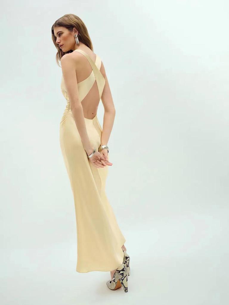 Spring Summer Sexy Halter Long Dress - European & American Style, Slim Fit, Solid Color, Sleeveless for Women