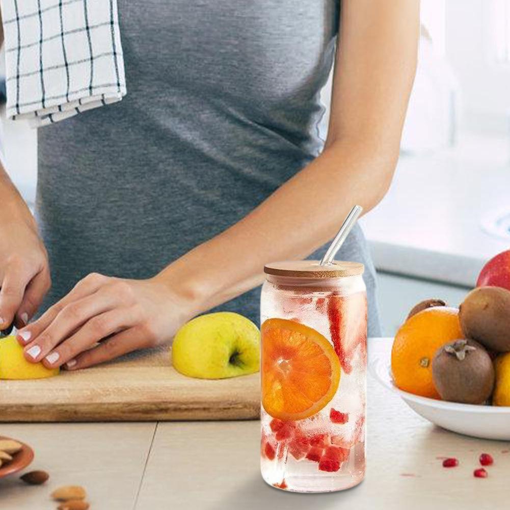 500ML/16oz Glass Cups with Lids and Straws Can Shaped Glass Cups Iced Coffee Cups Beverage Juice Cups for Cocktail Whiskey Gift