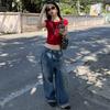 Fashionable Ripped Cuffed High-waist Wide-leg Jeans