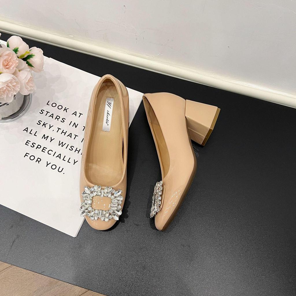 Women's Rhinestone Buckle Chunky Heel Patent Leather Shoes - 2025 Early Spring Collection