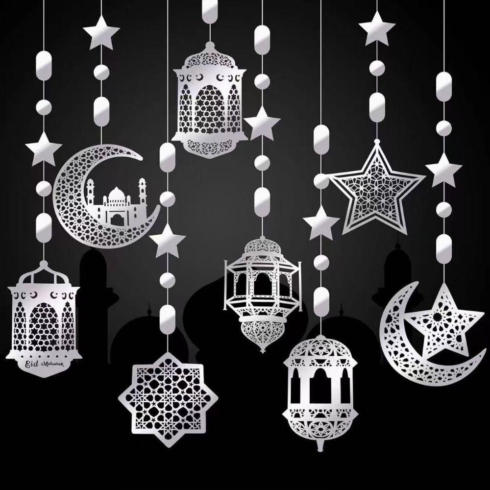8Pcs Paper Garland Hanging Banner Pendant Star Moon Design Eid Mubarak Banner  Home Decor