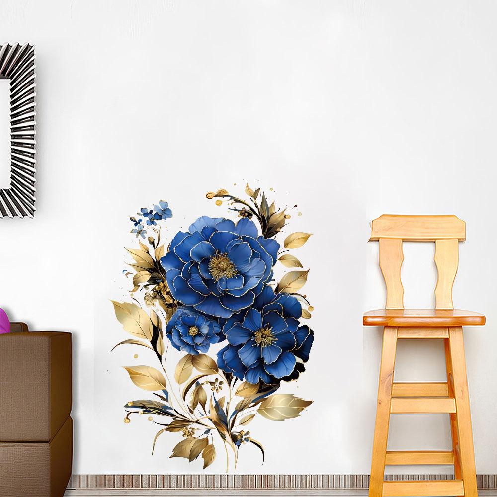 Self-adhesive Gorgeous Blue Peony Wall Stickers Large Flowers for Dining Room Accent Wall Home Decor