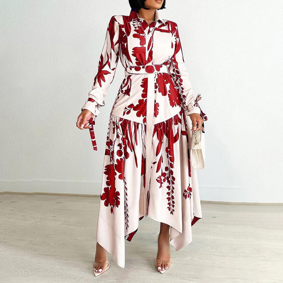 Women's Summer Fashion Print Dress with Turn-Down Collar and Long Sleeves