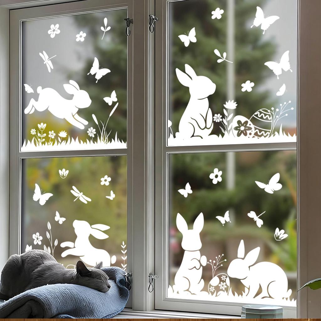 White Jumping Bunny Easter Window Clings Static Cling for Home Party Scene Decoration Removable Reusable
