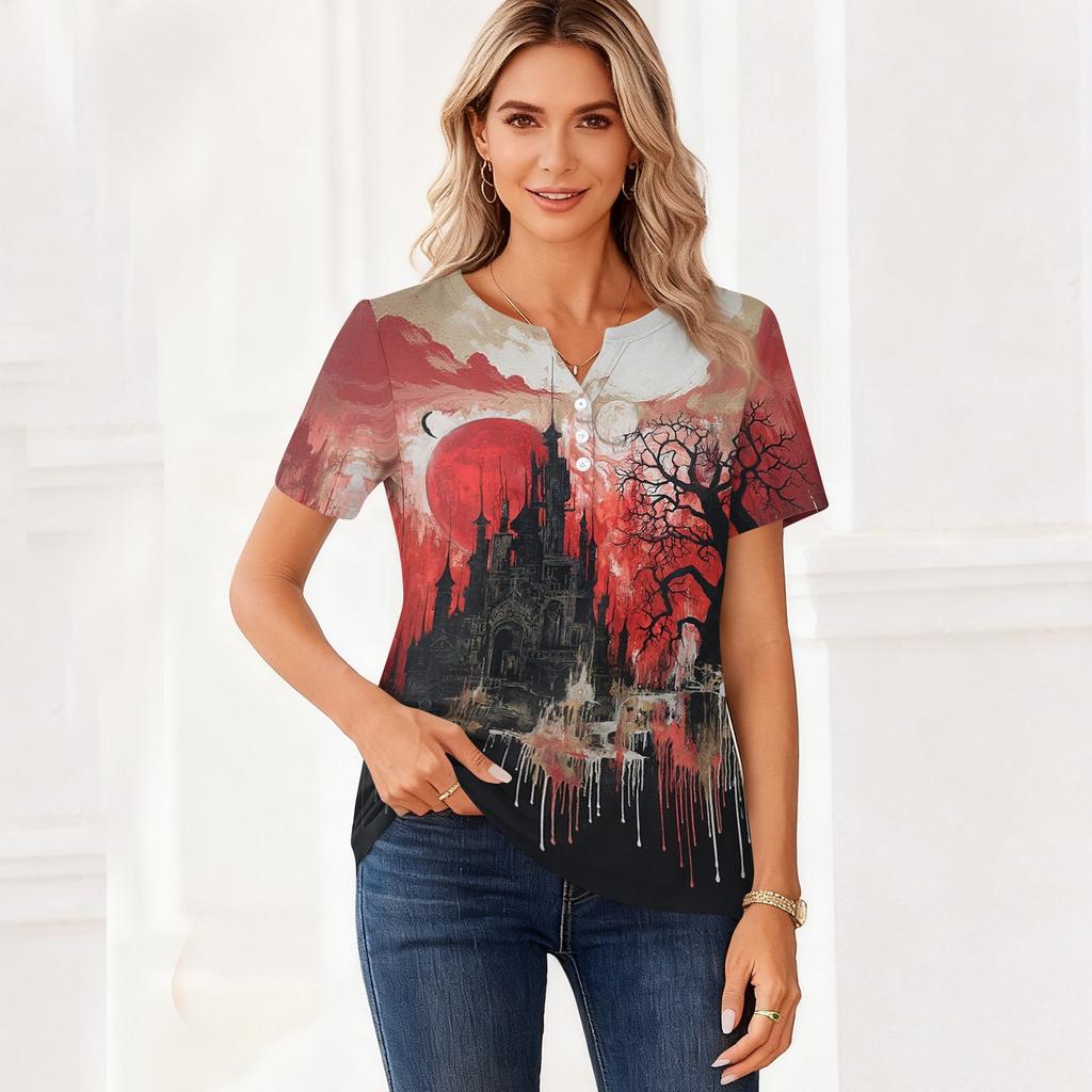 Women's Fashion Casual Halloween Print V Neck Short Sleeve Button T Shirt Top Suitable for Everyday Wear and Seasonal Events