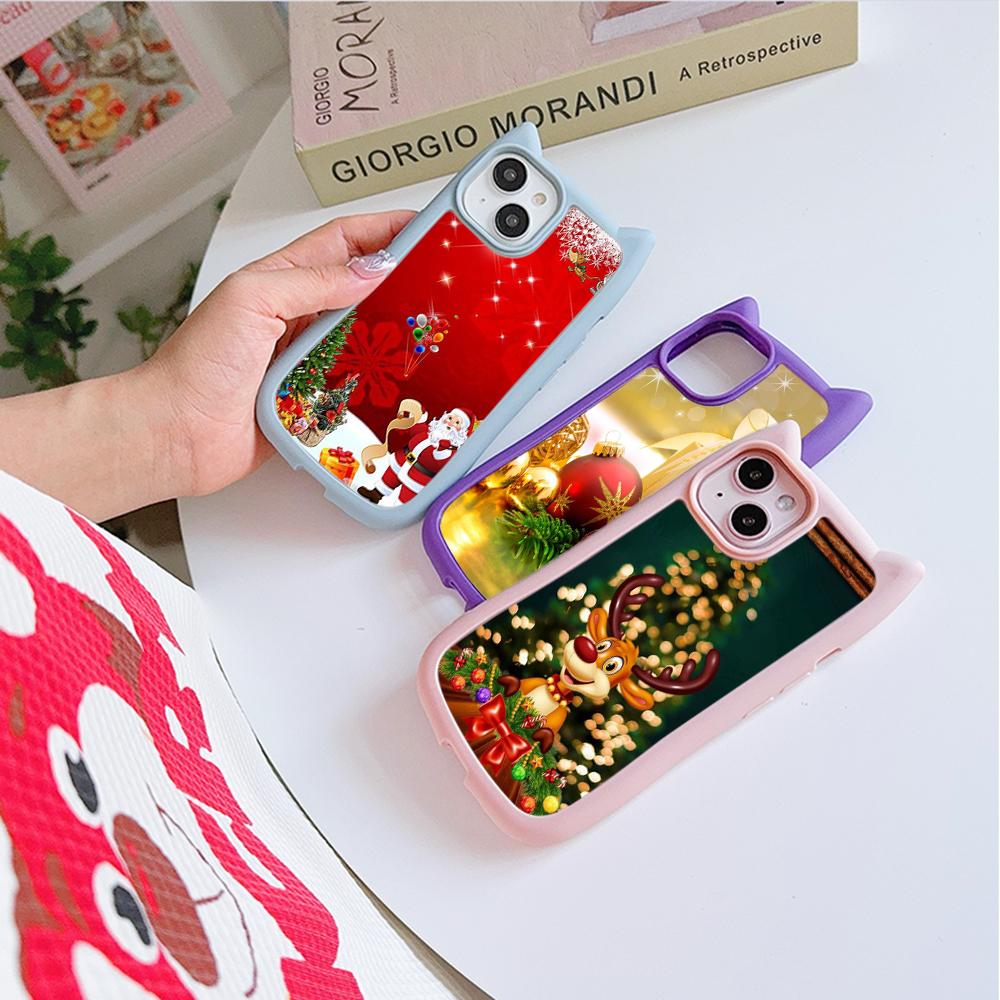 Cat Ear Soft Phone Case for iPhone 16 15 14 13 12 Pro Max Anti-Drop Transparent Acrylic Back Cover NY36 New Year Christmas Santa Claus Christmas tree