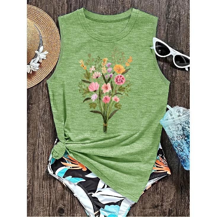 Elegant Vest for Women Fresh watercolor floral print casual loose summer tank top Fashionable and elegant tops for commuting, vacation, and everyday