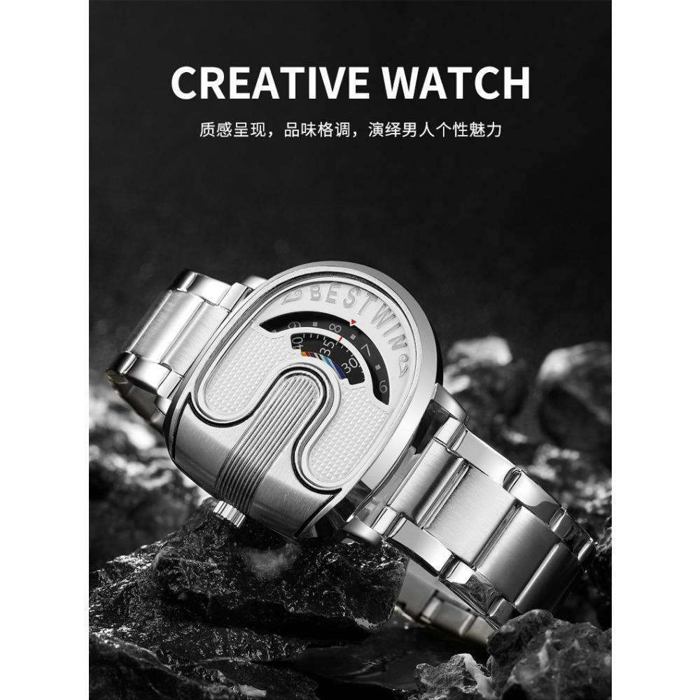 Fashion Men Irregular Tonneau Shape Quartz Watch Creative Rotating Dial Stainless Steel Bracelet Wristwatch