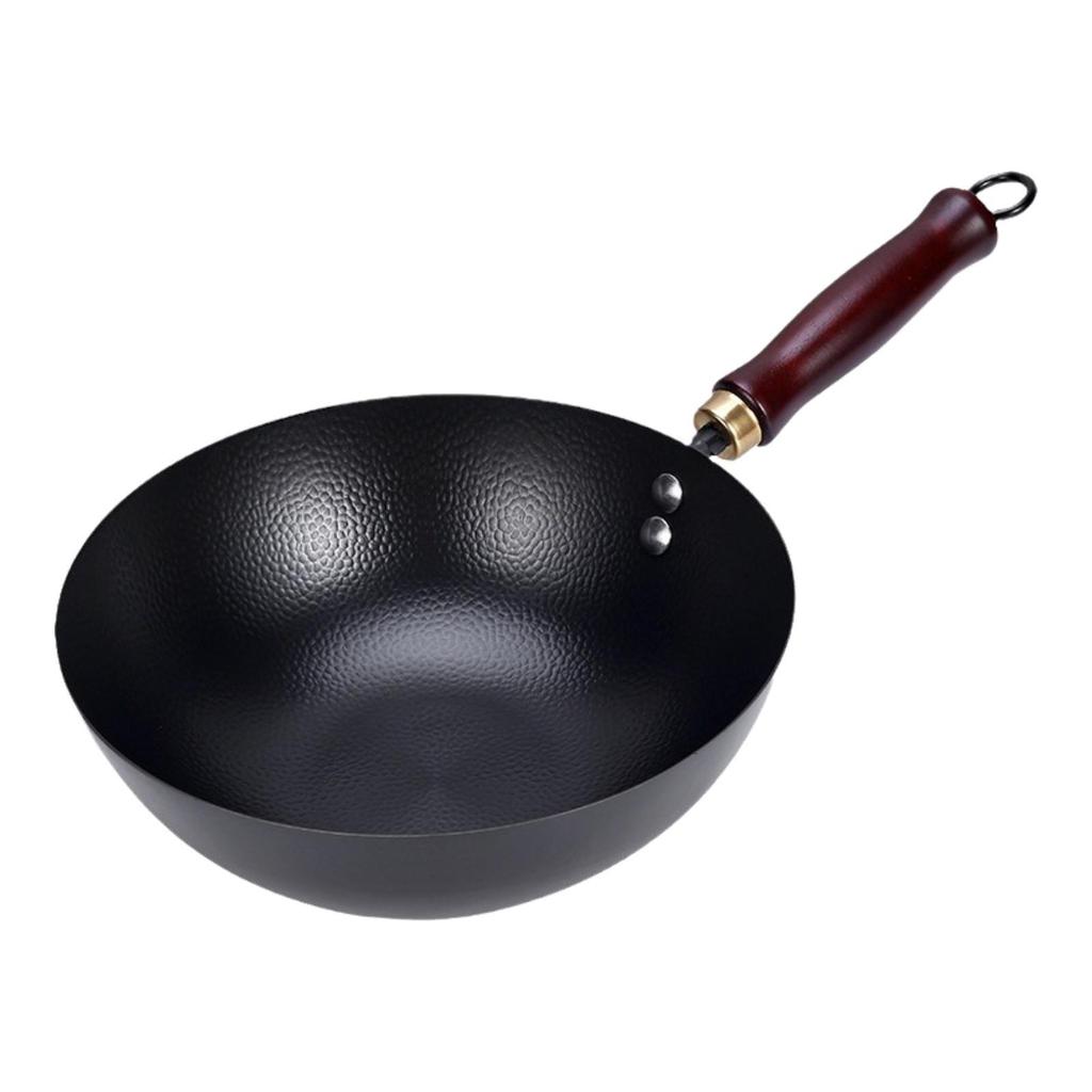 Iron Wok Suitable for All Stoves Pot Cookware Cooking Round Bottom with Wooden Handle Non Coated Rustproof Kitchen Nonstick