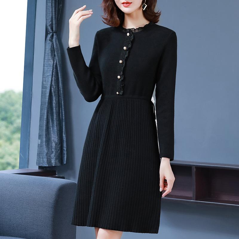 

Knitted Dress for Women s Winter Casual Half Turtleneck Sweater Slim Solid Color Mid-length Sweater Dress S чёрный