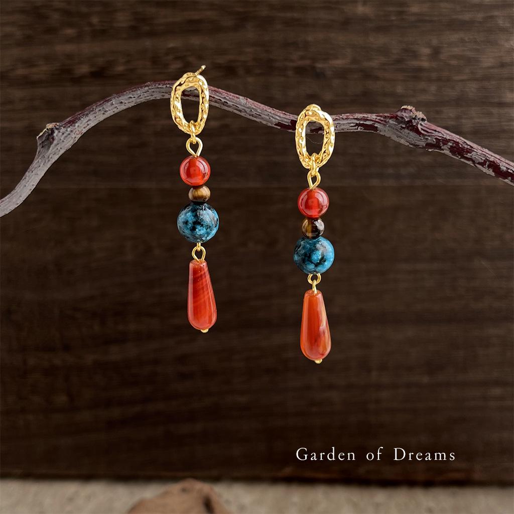 Artistic Retro Red Agate Water Drop Earrings - Chinese Ethnic Style for Women