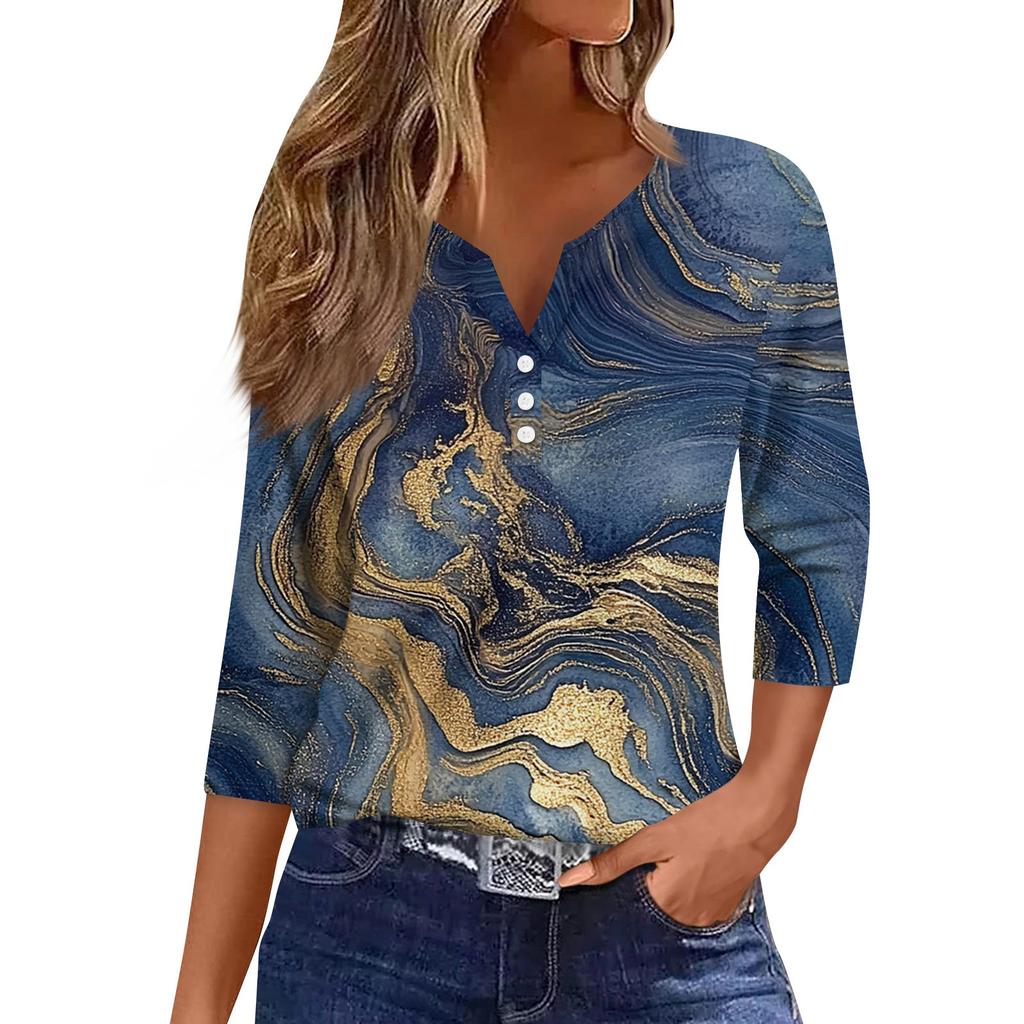 T-shirt da donna T-shirt stampata con bottoni manica a 3/4 Top regolare alla moda quotidiana per il fine settimana, basic con scollo a V