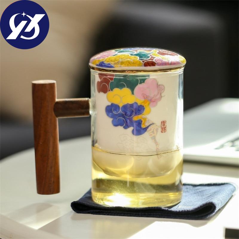 Creative Glass Tea Separation Cup Ceramic Filter Teacup With Lid and Wooden Handle Large Capacity Office Coffee Mug Drinkware