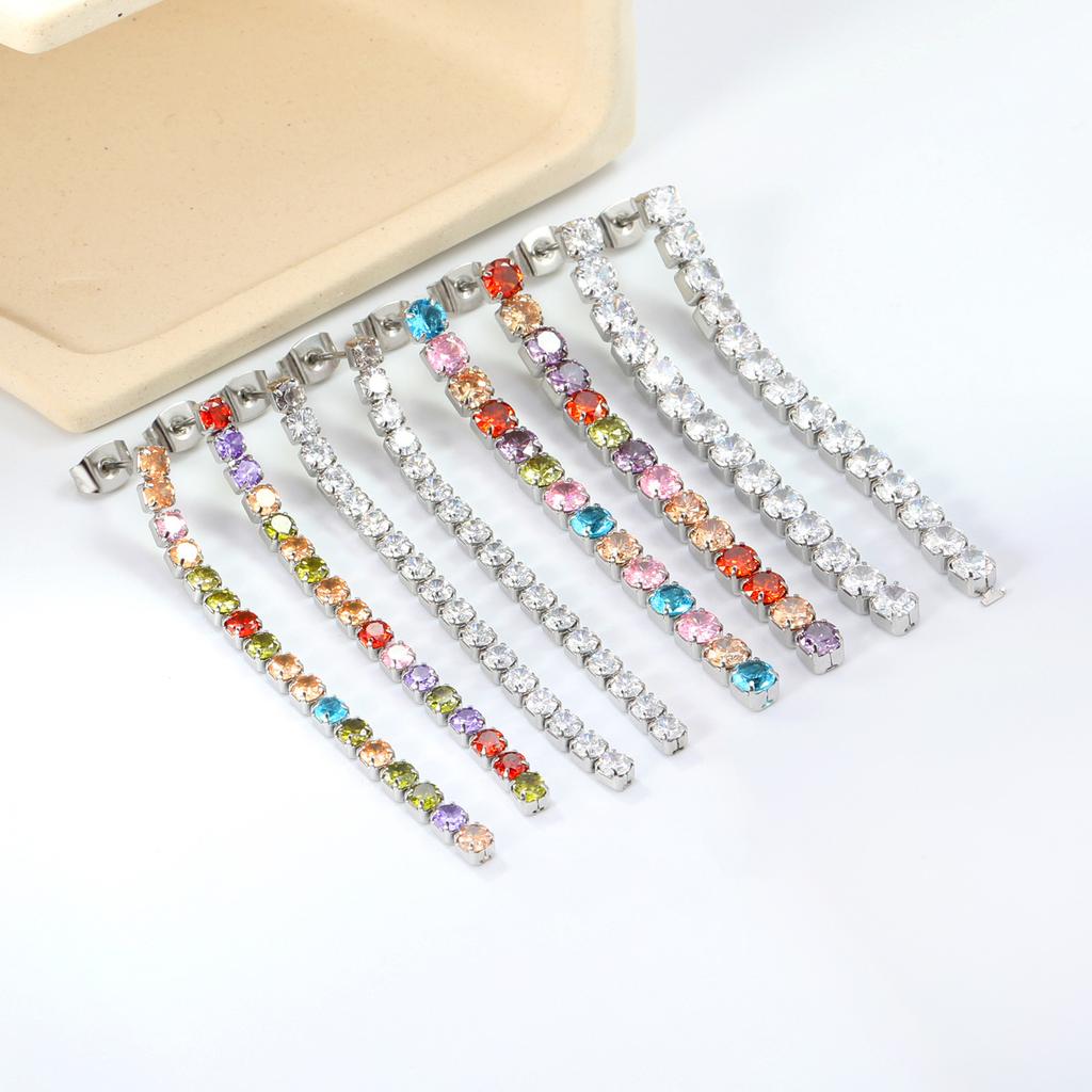 Fashionable And Luxurious Round Colorful Zircon Fringe Earrings With Exquisite Chain Accessories Versatile Ear Jewelry