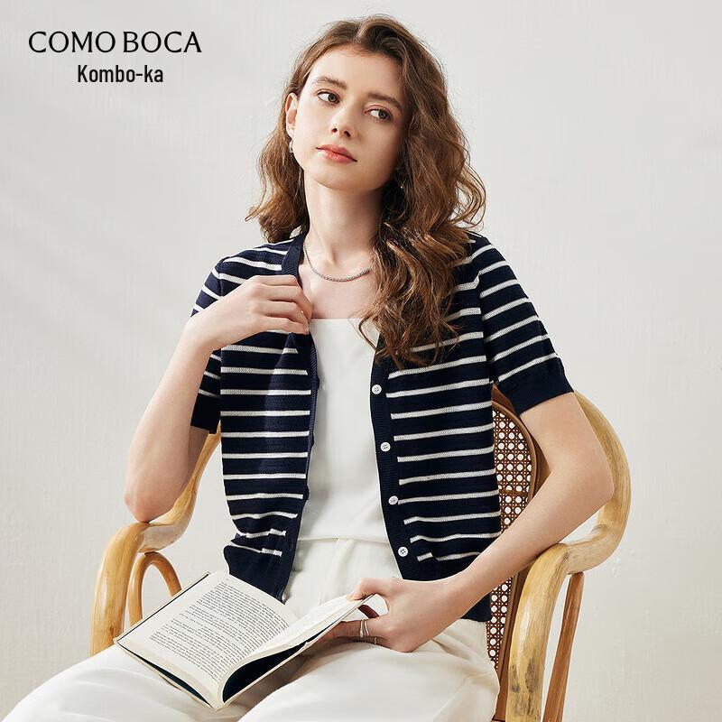 Komomboka Women s V-Neck Short Sleeve Striped Knit Cardigan XL