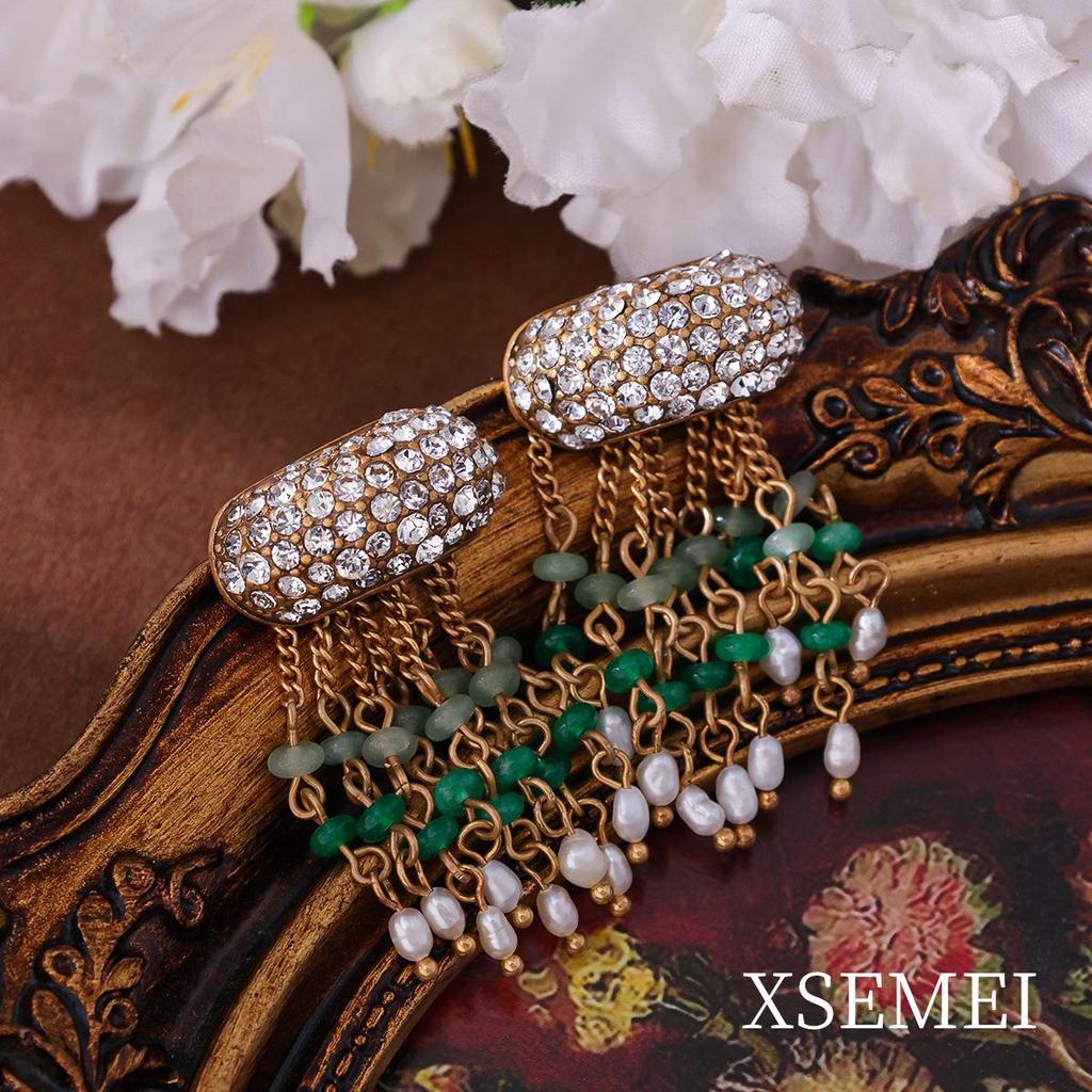 Retro Filigree Agate Glass Tassel Necklace & Pearl Rhinestone Earrings Set