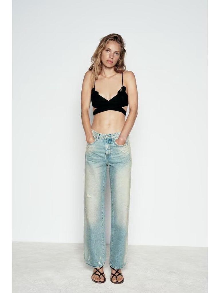 2024 Autumn Women's Distressed Mid-Waist Straight-Leg Jeans - French-Inspired European & American Fashion Trend