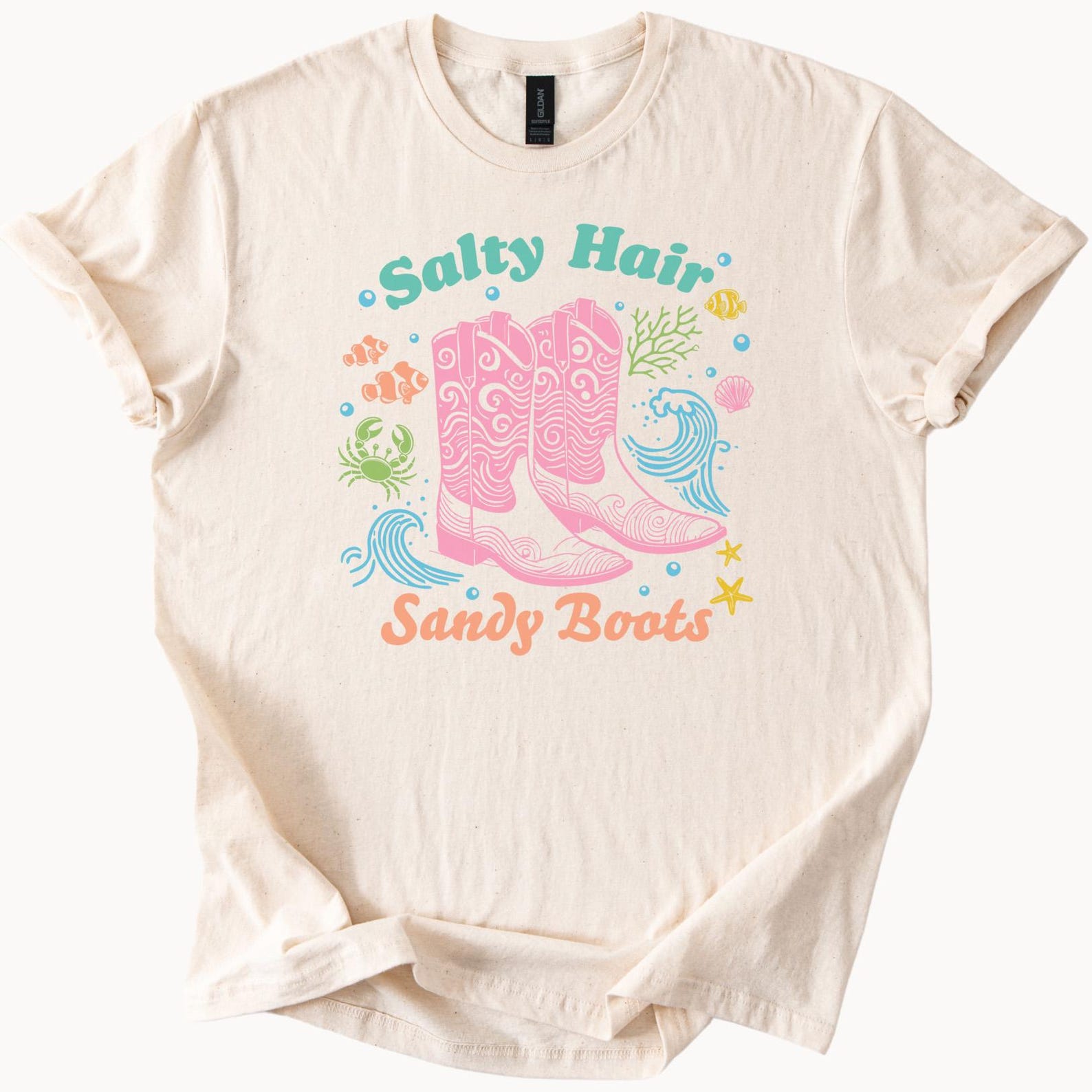 Salty Hair Sandy Boots Graphic T Shirt Beach Western Cowgirl Pink Boots Ocean Waves Sea Life Summer Trendy Cute Shirt 150