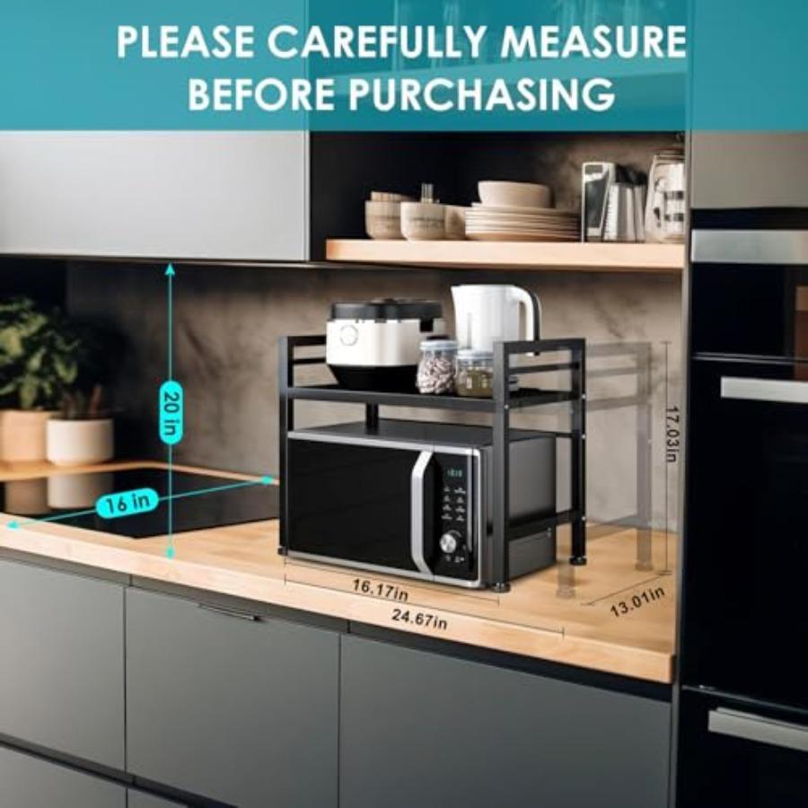 Expandable Microwave Oven Rack Countertop Stand for Kitchen Storage Carbon Steel with 3 Hooks Black