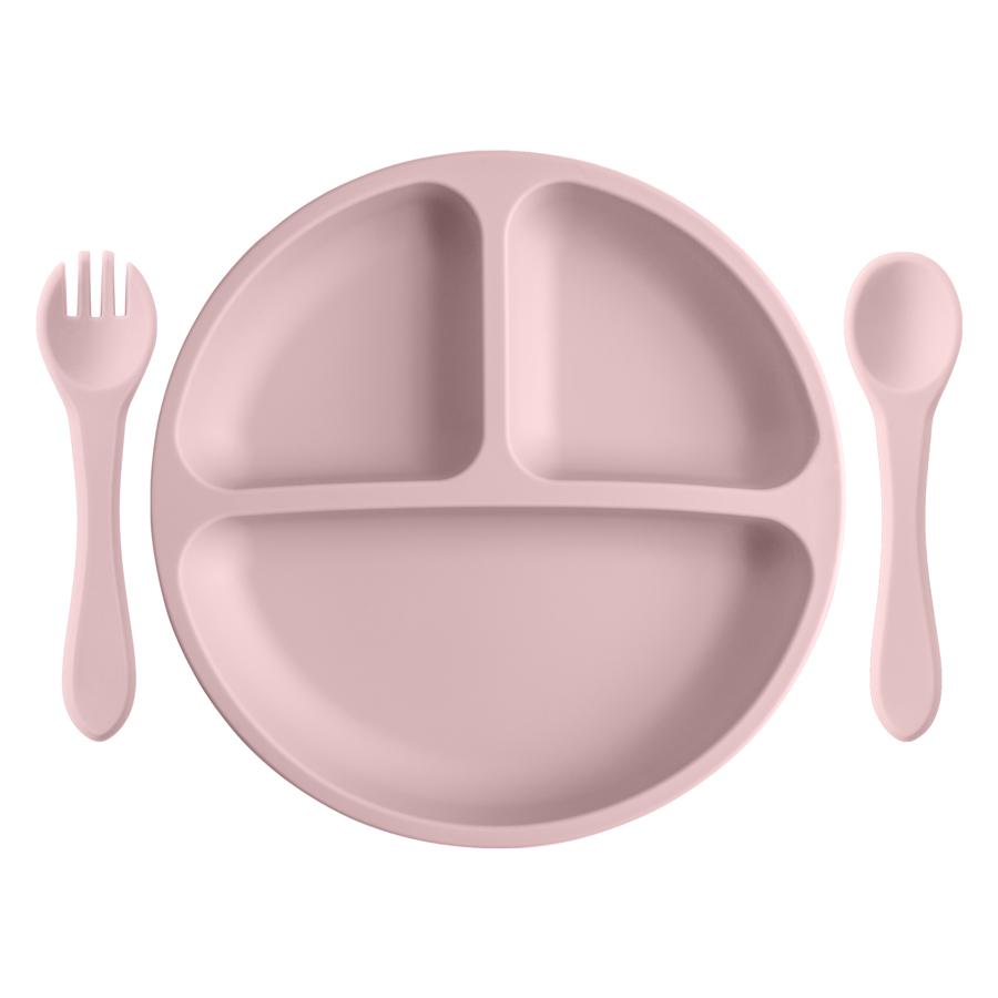 3PCS Baby Silicone Feeding Dishes Plate Children Plate Sucker Feeding Bowl Wood Fork Spoon Set Toddler Training Tableware