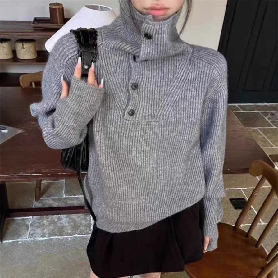 Korean high-necked loose autumn and winter lazy wind half-open button pullover soft waxy knitted sweater femininity age-reducing long-sleeved sweater