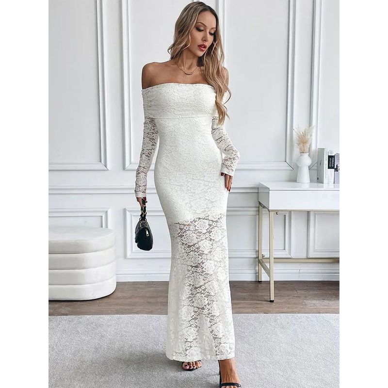 One Shoulder Lace Embossed Dress off-Shoulder Long Sleeve Lace Embossed Jumpsuit Long Dress