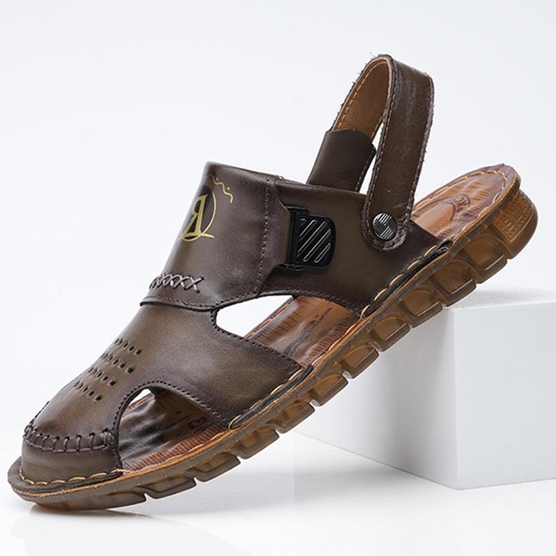 

Модные мужские сандалии с закрытым носком из натуральной дышащей кожи, повседневные мокасины, летние уличные пляжные сандалии, формальные офисные прогулочные туфли на плоской подошве 44 хаки