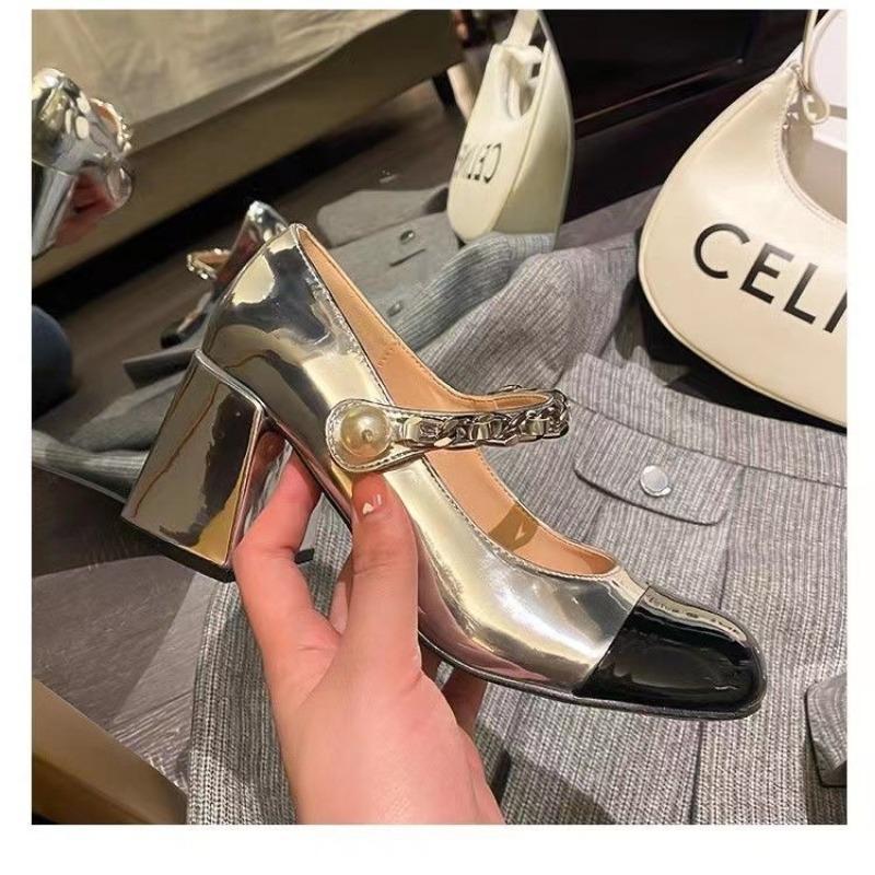 Sommer neue runde Zehen Mary Janes dicker Absatz einzelne Schuhe Damenmode Temperament vielseitig Taschenkopf mit Perle farblich passend