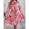 GMXIA Autumn and Winter Elegant Stand-up Collar, Flower-cinched Waist, Long-sleeved Ruffled A-line Dress Women's Clothing