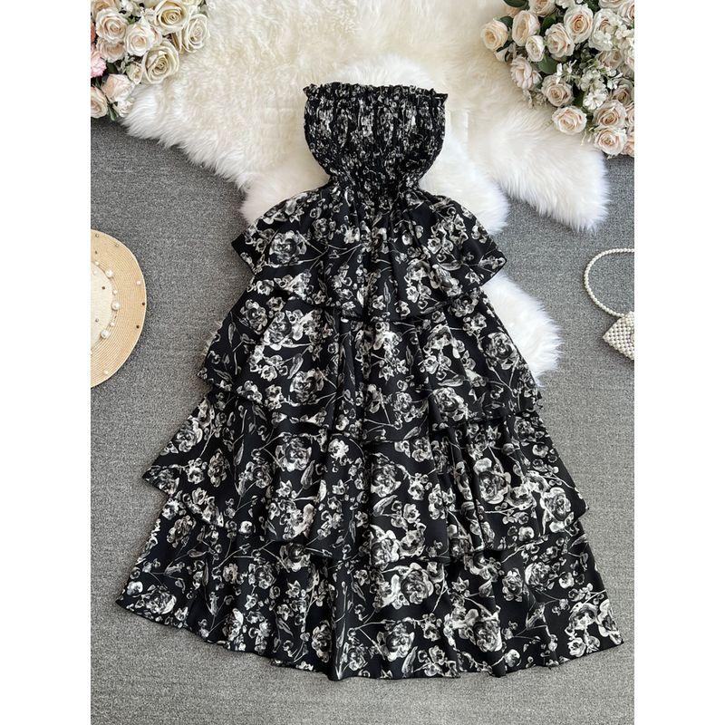 

Gentle Waist-Tight Cake Flowers Dress Tube Top Black L