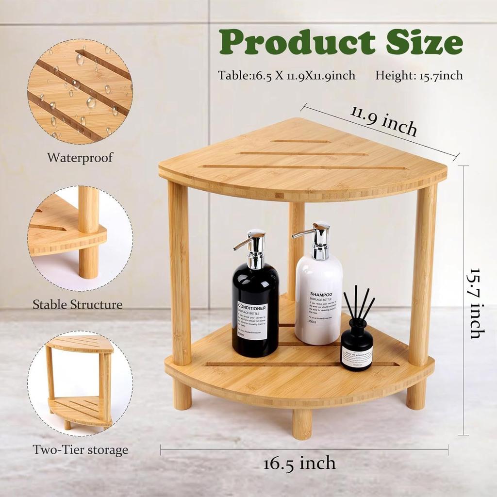 2-Tier Bamboo Bathroom Stool - Solid Wood Non-Slip Shoe Stool & Bath Seat, Multi-Purpose Household Shelf for Shower/Toilet