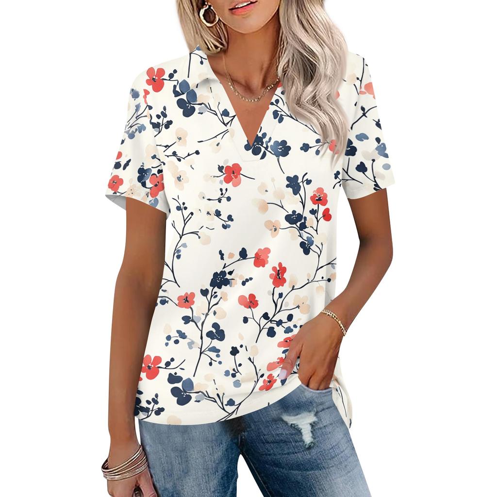 Women's V-Neck Short Sleeve Floral Print Blouse with Collar - Casual Fashion Top