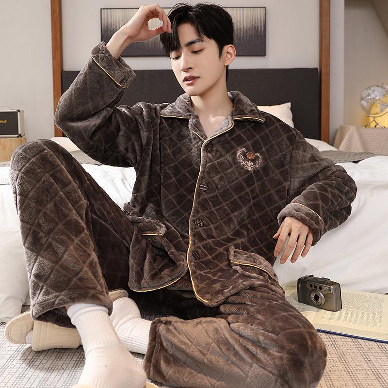 Men's Autumn/Winter Flannel Lapel Pajamas - New Arrival, Plus Velvet, Thickened Coral Fleece Homewear