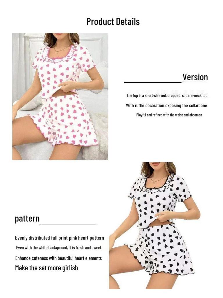 European Summer Heart Print Ruffled Pajama Set: Sweet Short Sleeve Women's Home Wear