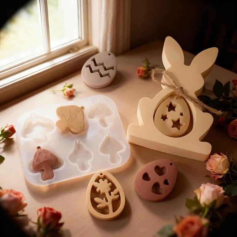 A Top Quality 3D Silicone Easter Molds Bunny Egg Mushroom Shapes Resin Plaster Casting for Hanging Decor Figurines
