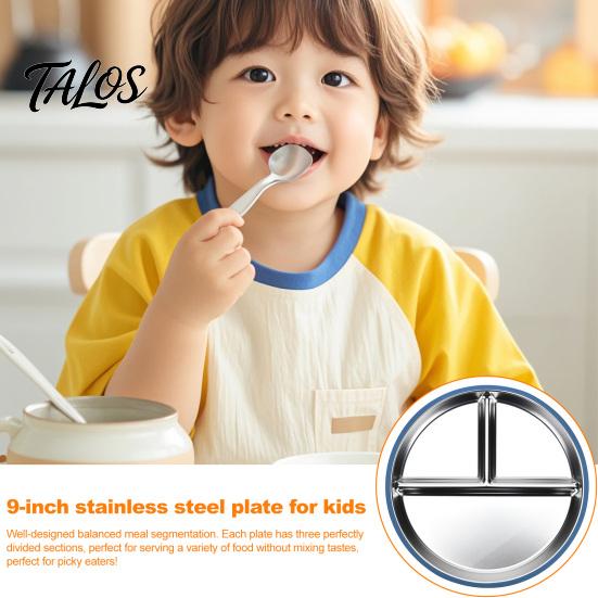 Silicone Sleeve Toddler Plate Baby with Suction Base 3-Section Divided Stainless Steel Safe Cup Dish 9" Unbreakable Anti Breakage Metal Bowls