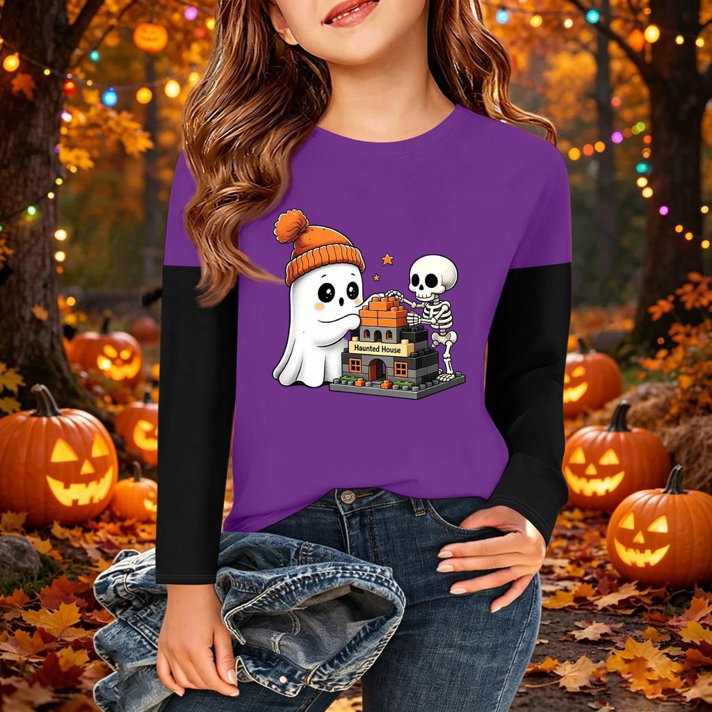 Children's Halloween Printed Long Sleeve Round Neck Casual Base Layer Shirt for Boys and Girls