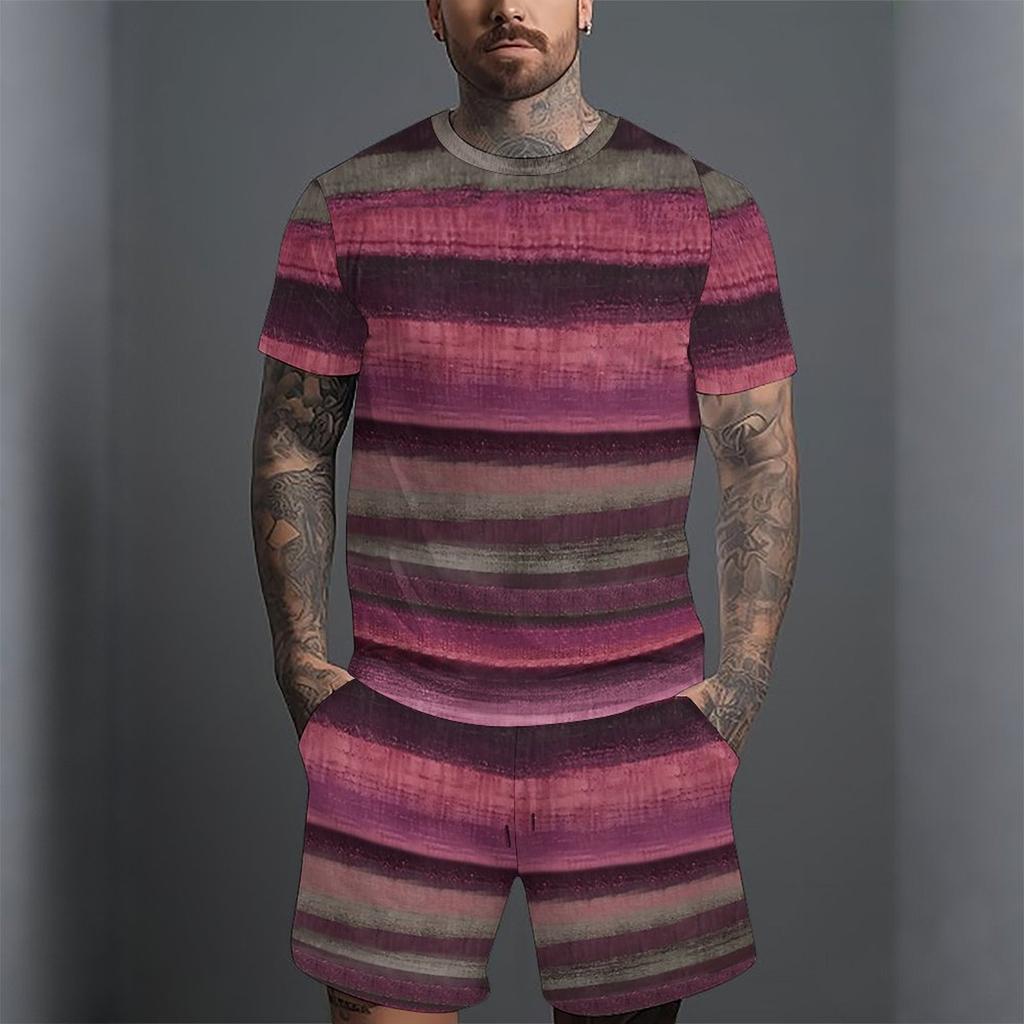 Herren Vintage Fliesenmosaik Patchwork Print Kurzarm T-Shirt und Passende Shorts Zweiteiliges Outfit