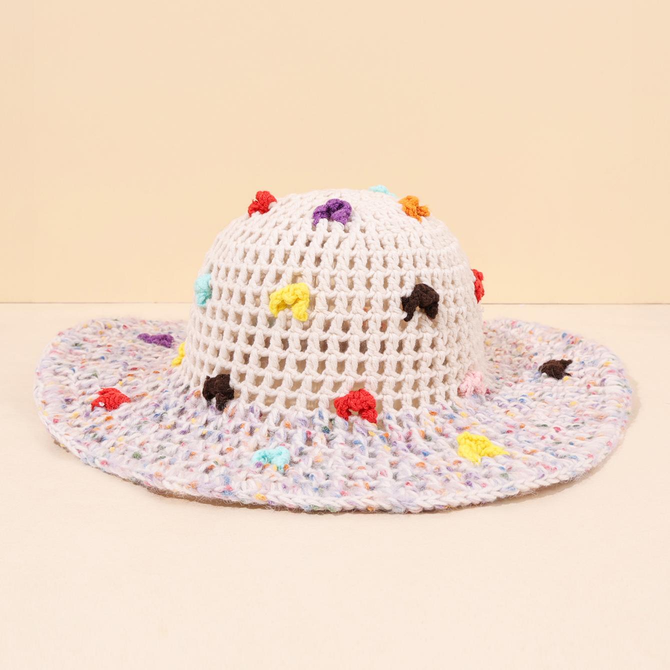 

1PC hand woven wide brimmed hat with colorful brim details, cute knitted sun hat, breathable hollow design, fashionable accessor білий
