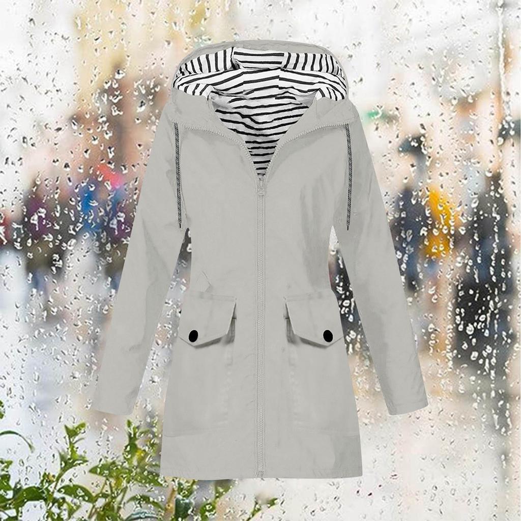 Women Stripe Rain Jacket Outdoor Plus Hooded Raincoat Windproof