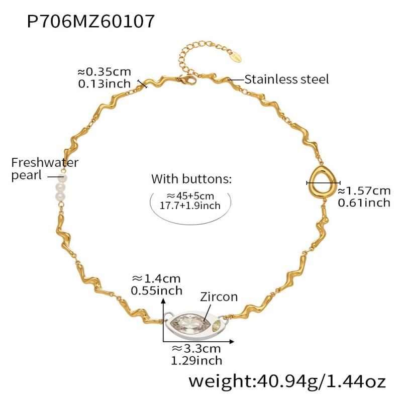 Stainless Steel Geometric Pendant Necklace With Zircon Stone Freshwater Pearl Texture Chain Women