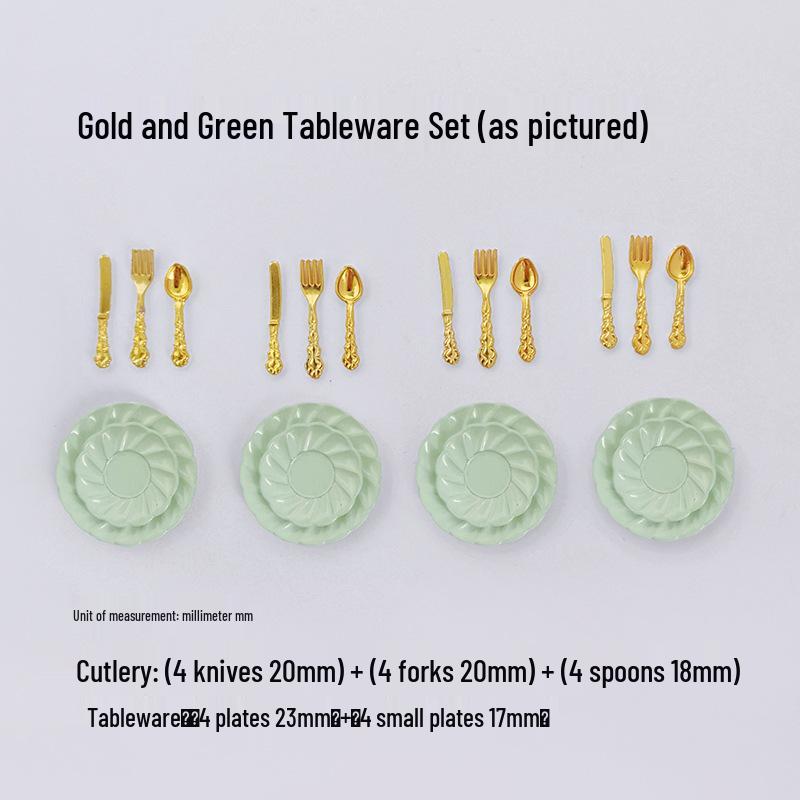Miniature Dollhouse DIY Model Cake Set: Alloy Plate, Knife, Fork & Spoon Props