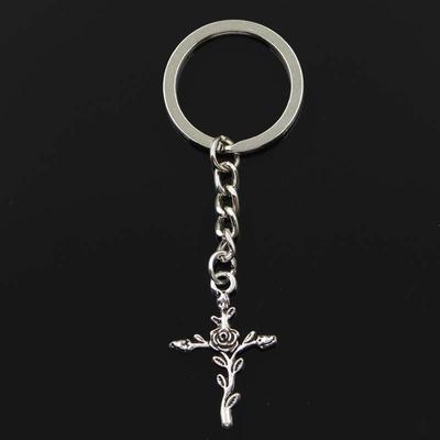 Fashion Keychain 35x23mm Cross Flower Branch Bronze Silver Color Pendants DIY Men Jewelry Car Key Chain Ring Holder Gift