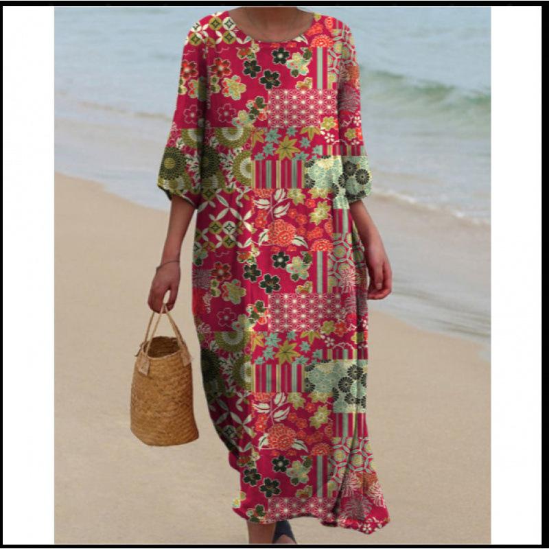 Women's Round Neck 3/4 Sleeve Midi Dress Casual Loose Solid Color Beach Vacation Long Dress