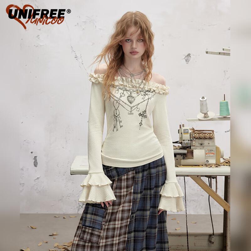 UNIFREE Off-Shoulder Ruffle Flare Sleeve Printed T-Shirt M