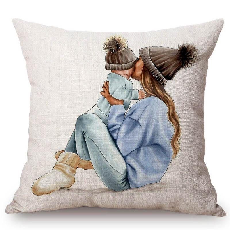 Baby Mother Parenting Art Cozy Family Hand Drawing Sketch Home Decoration Cotton Linen Sofa Throw Pillow Case Car Cushion Cover